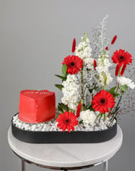 Valentine's Day Flowers and Cake In Oval Tray